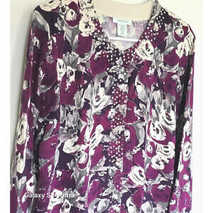Vintage Y2K Laura Ashley Burgundy White Floral Sequin Silk Sweater Cardigan Sz M